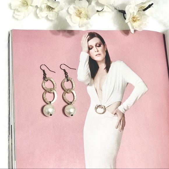 ๐Elegant Golden Dangle Links Pearl Drop Earrings - Picture 9 of 16